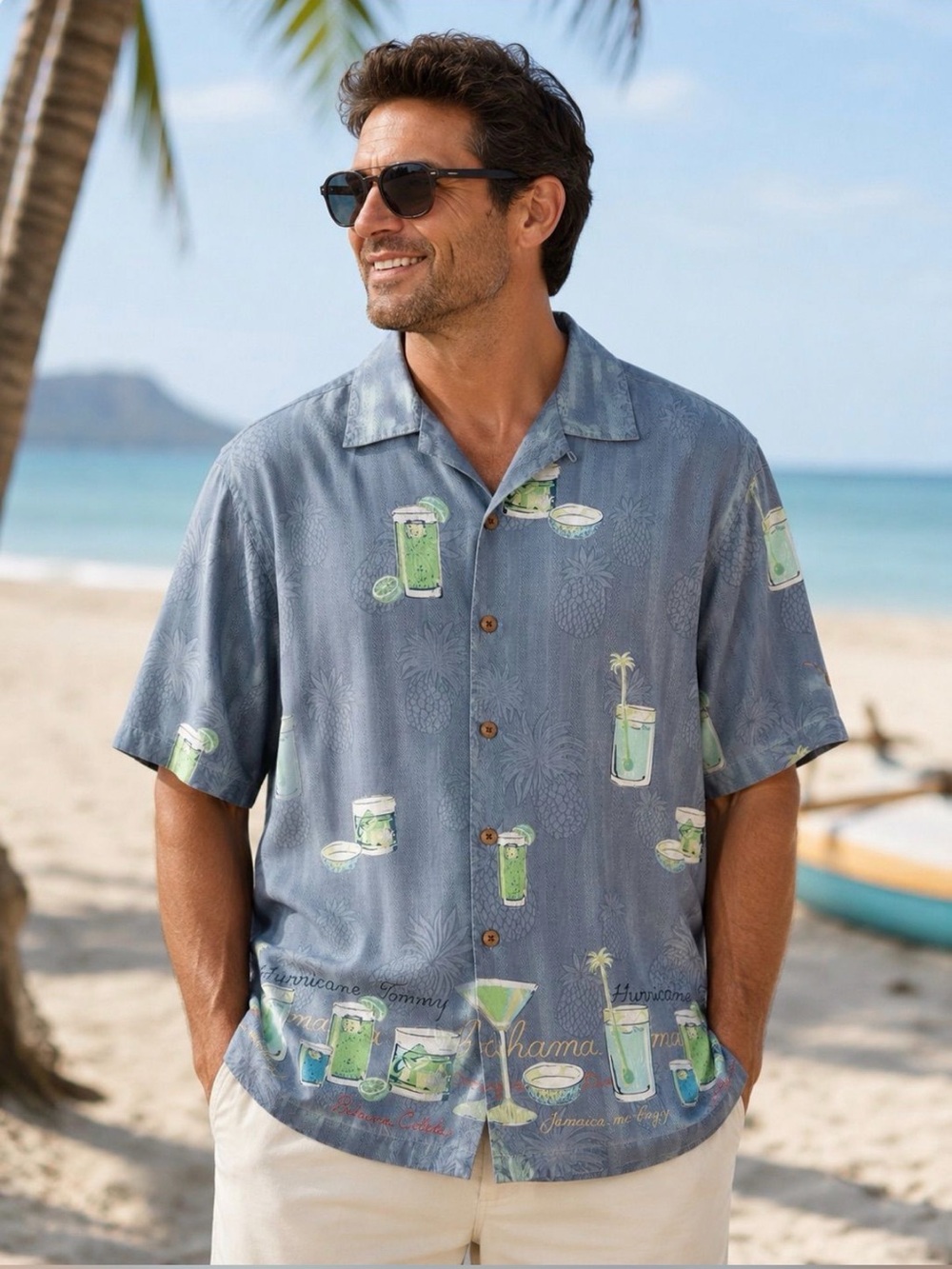Tommy Bahama Blue Tropical Cocktail Print Camp Shirt